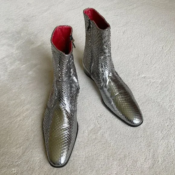 NIB JEAN-MICHEL CAZABAT ‘BOWIE’ Silver PYTHON Zip ANKLE BOOTS Size 41 EUR8 US